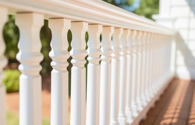 Evenly spaced white wooden balusters on a deck railing