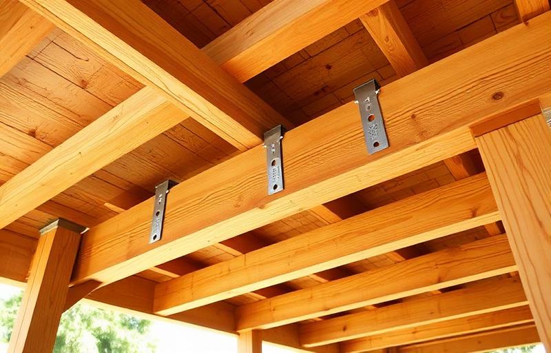Structural wood deck beam with metal joist hangers seen from below