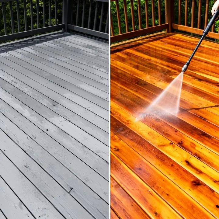 Old weathered deck boards being pried up for replacement
