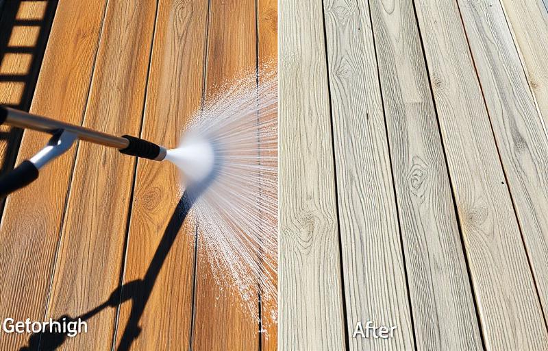 Pressure washer cleaning a weathered wood deck, before and after