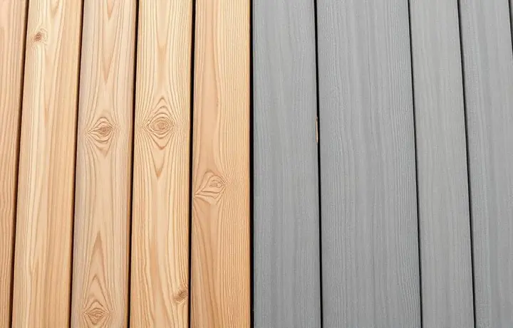 Capped composite Trex-style deck boards next to natural wood decking