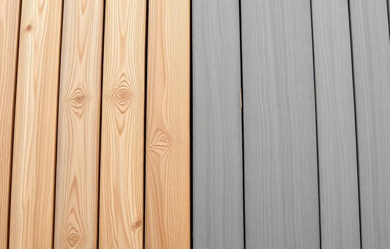 Side-by-side comparison of natural cedar and gray composite deck boards