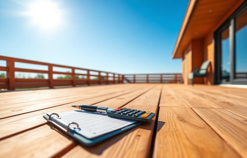 Calculator and notepad resting on a sunlit cedar deck — deck cost estimation