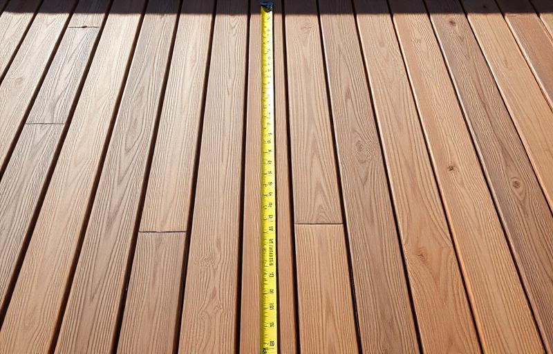 Long deck boards measured with a yellow tape showing linear footage