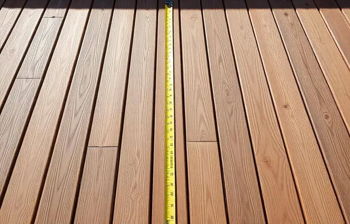 Long deck boards measured with a yellow tape showing linear footage