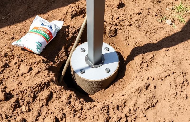 Concrete footing being poured around a metal post anchor for a deck