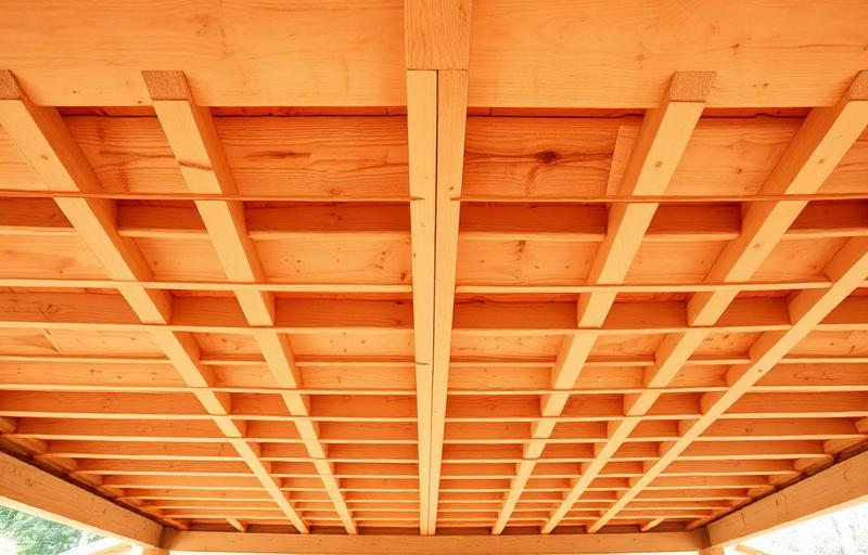 Underside view of parallel pressure-treated deck floor joists