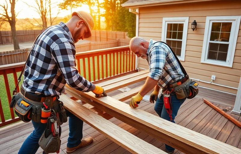 Two carpenters with tool belts installing deck boards on a backyard deck