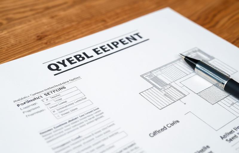 Building permit document and deck blueprint with pen on a wooden table