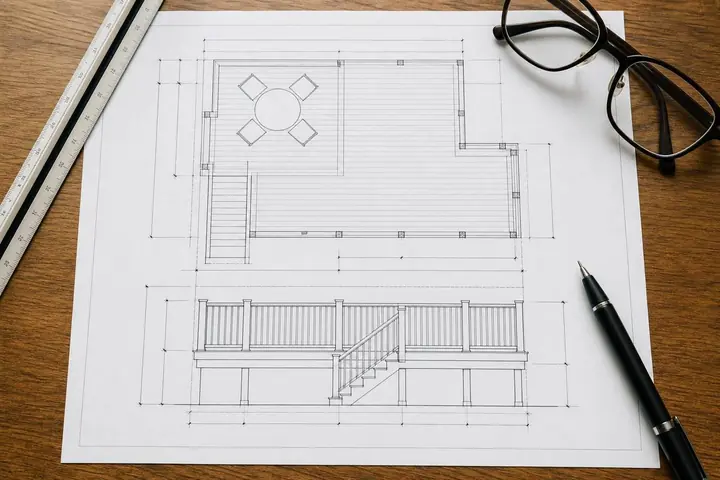 Building permit document and deck blueprint with pen on a wooden table