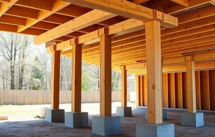Vertical 6x6 wood deck support posts standing on concrete footings