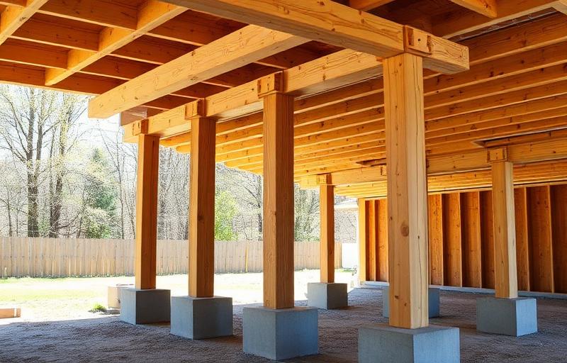 Vertical 6x6 wood deck support posts standing on concrete footings