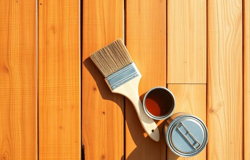 Paintbrush applying amber wood stain to a deck board