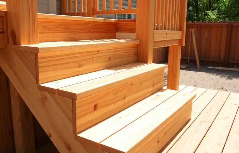 Newly built outdoor wooden deck stairs with cut stringers visible